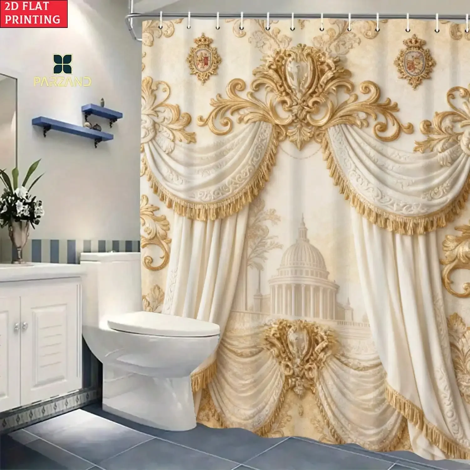 2D Flat, 1pc Parzand Retro Court Style Shower Curtain with Hooks - Elegant Suitable for Home & Hotel Bathroom Decor, Washable Curtain, Top-Hook with Pull System, Bath Curtain for Bathtub (No Care), 2D Flat