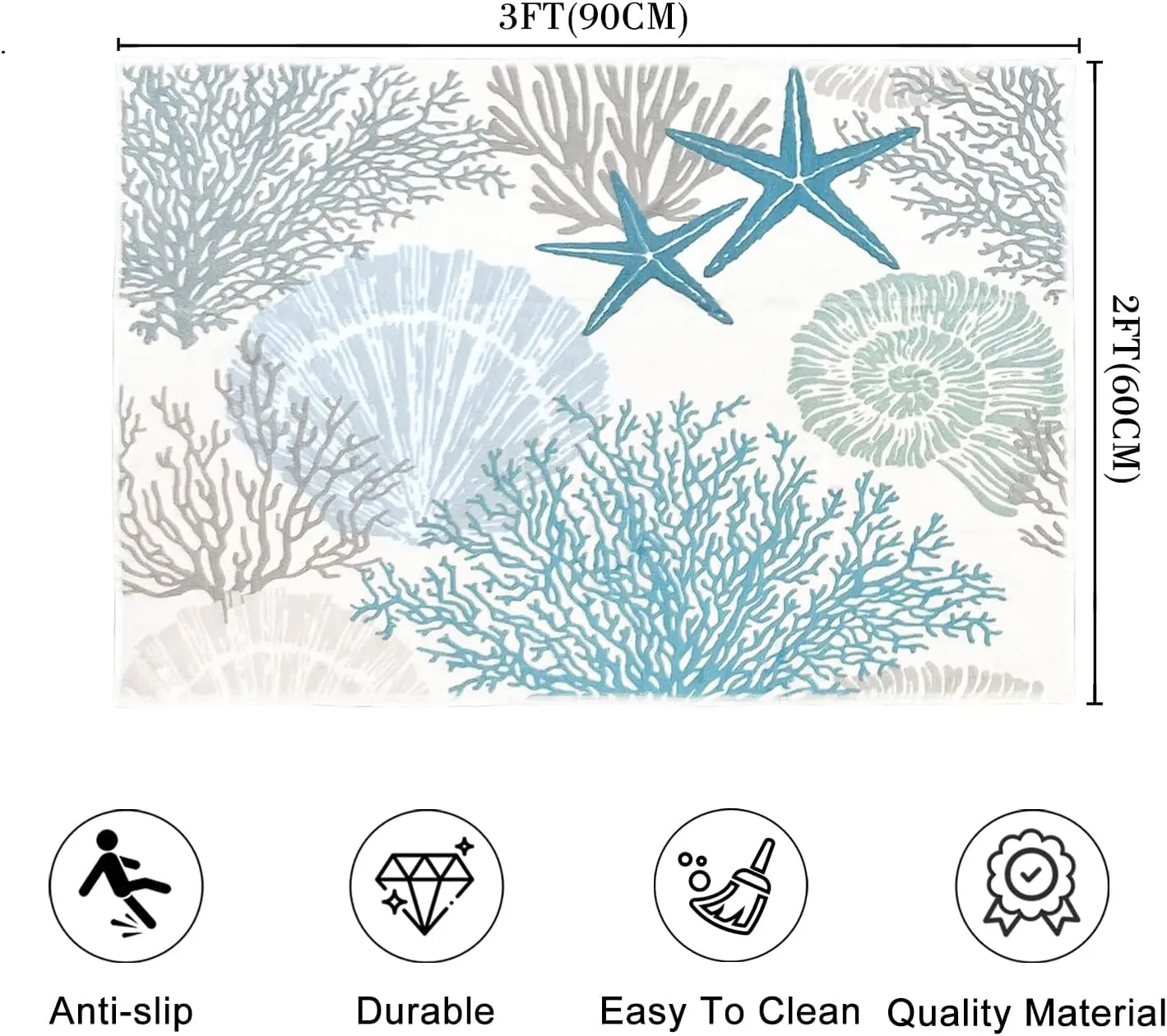 1pc 2D Flat Ocean Starfish Coral Shell Printed Floor Mat, Decorative Rug for Living Room, Bedroom, Bathroom, Home Decor