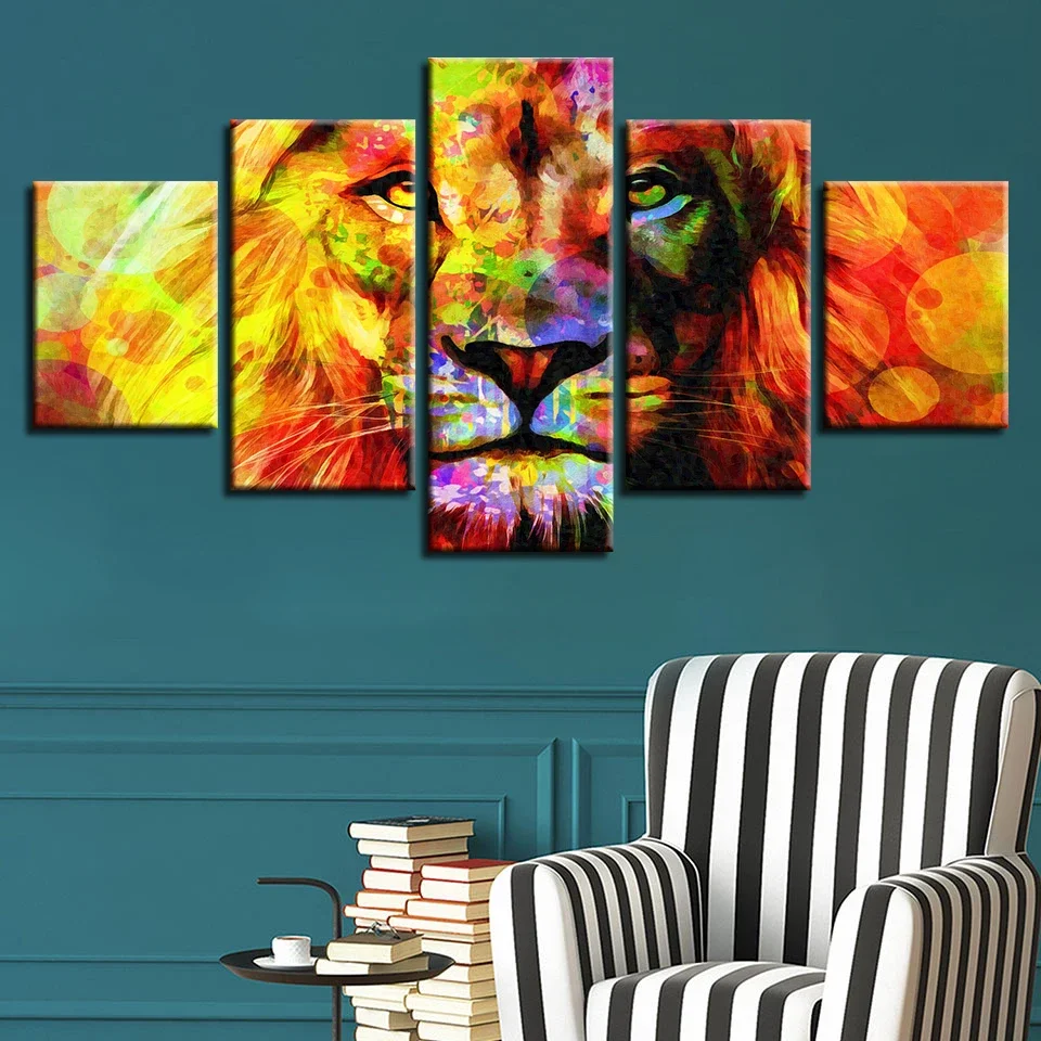 No Framed Abstract Color Lion Animal Avatar 5 Pieces HD Printed Picture Posters Canvas Paintings Wall Art Decor for Living Room