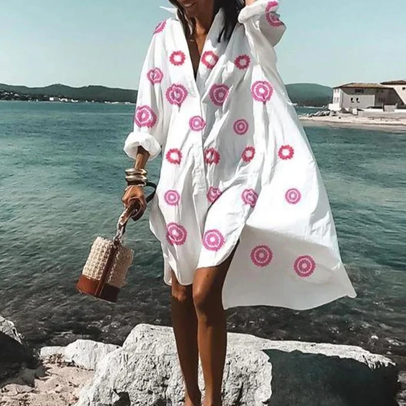 2023 Women's Beach Cover Dress Oversized Swimwear Cover Up Shirt Dresses Printing White Boho Plus Size Beach Dress