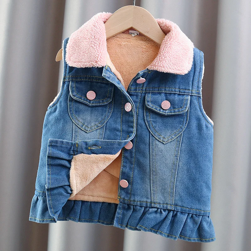 Cute Baby Girl Winter Warm Thermal Denim Vest with Butterfly Elegant Toddler Child Thick Sleeveless Jacket Kids Velvet Waistcoat