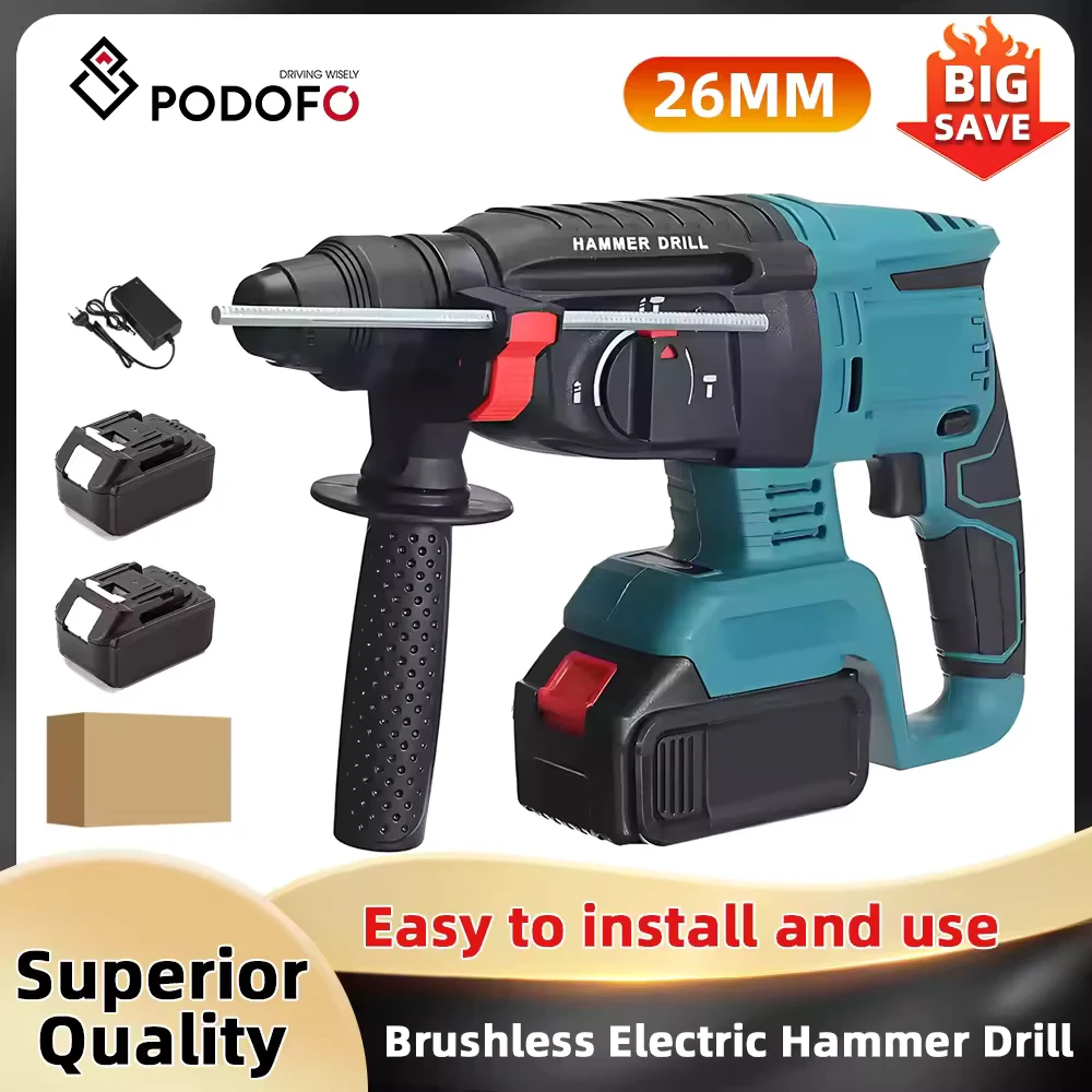 Podofo 26mm perceuse électrique sans brosse marteau électrique outil électrique pour le travail du bois pour batterie Makita 21V perceuse électrique avec 2 batteries