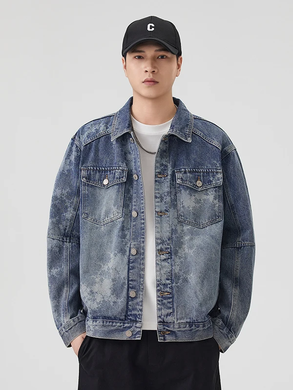 

High-End Laser Print Snowflake Pattern Fashionable Men's Denim Jacket Casual Washed Cotton Polyester Blend Retro Style Jacket