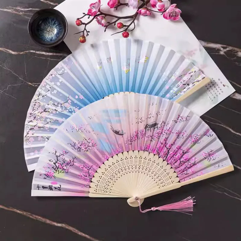 Ancient Plum Blossom Silk Folding Fan SLN Chinese Style Hanfu Decorated Hand Fans Crafts Gift Elegant Carved Bamboo Dance Fan