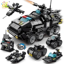 HUIQIBAO 371pcs 6in1 SWAT Police Truck Building Blocks City Construction Plane Car Bricks Set For Children Toys Kids Gift