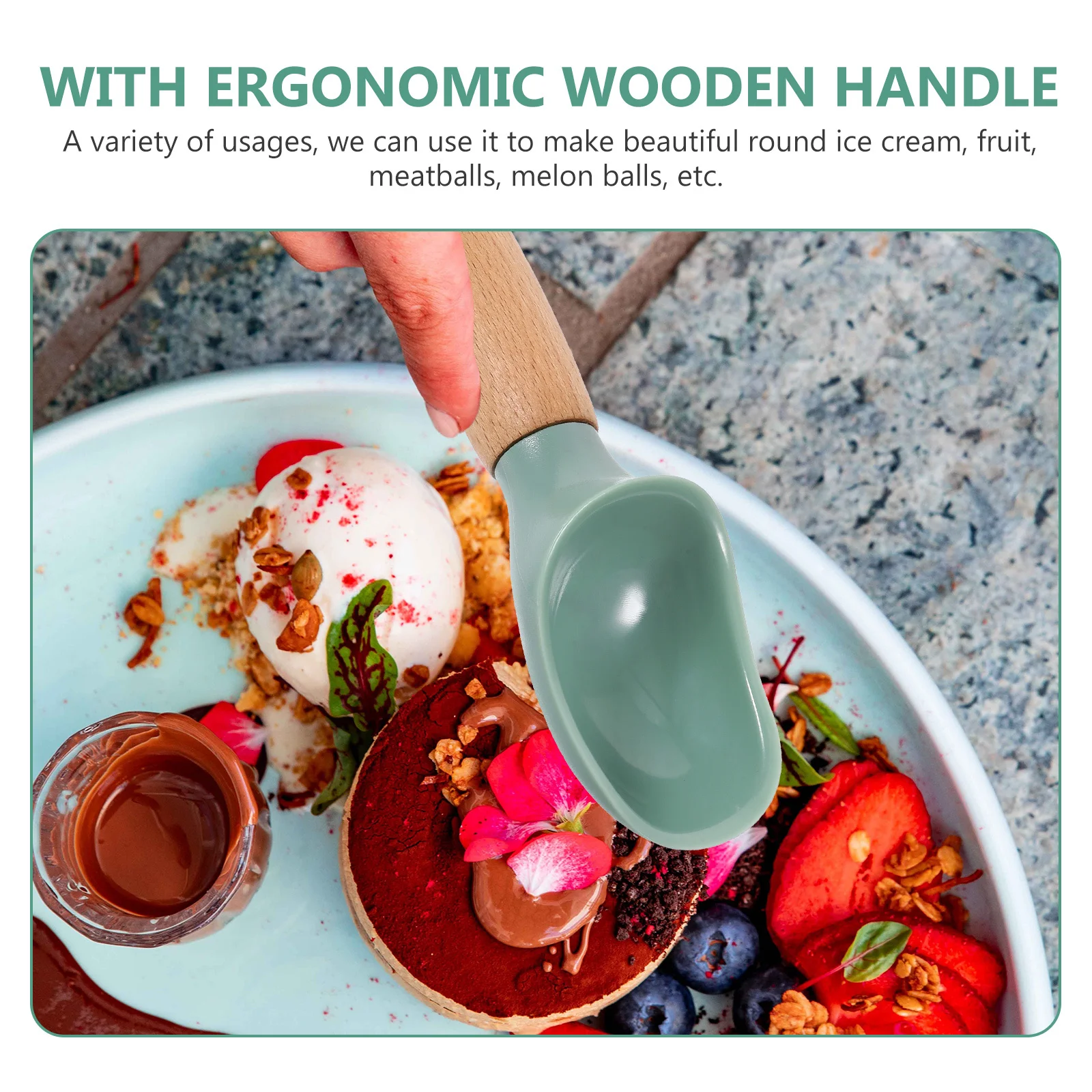 

2pcs Ice Cream Scoop Abs Wood Handle Kitchen Scoop For Dessert Fruit Melon Watermelon Baller Multifunctional Food Serving Spoons