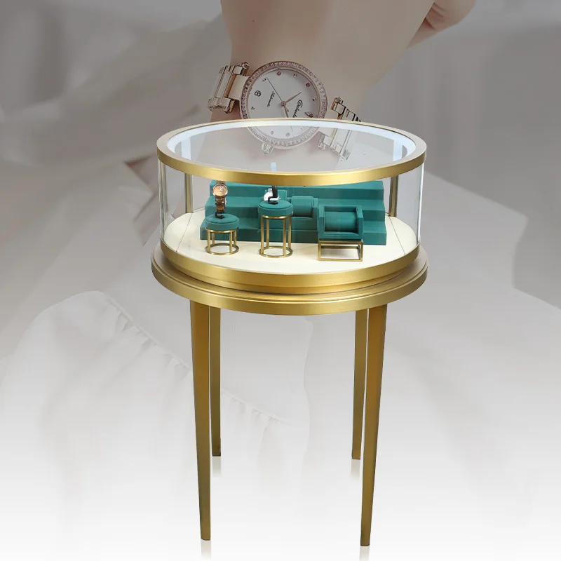 Modern glass led light display floor standing round Display Counters Set Showcase Cabinet for Nail Salon Us