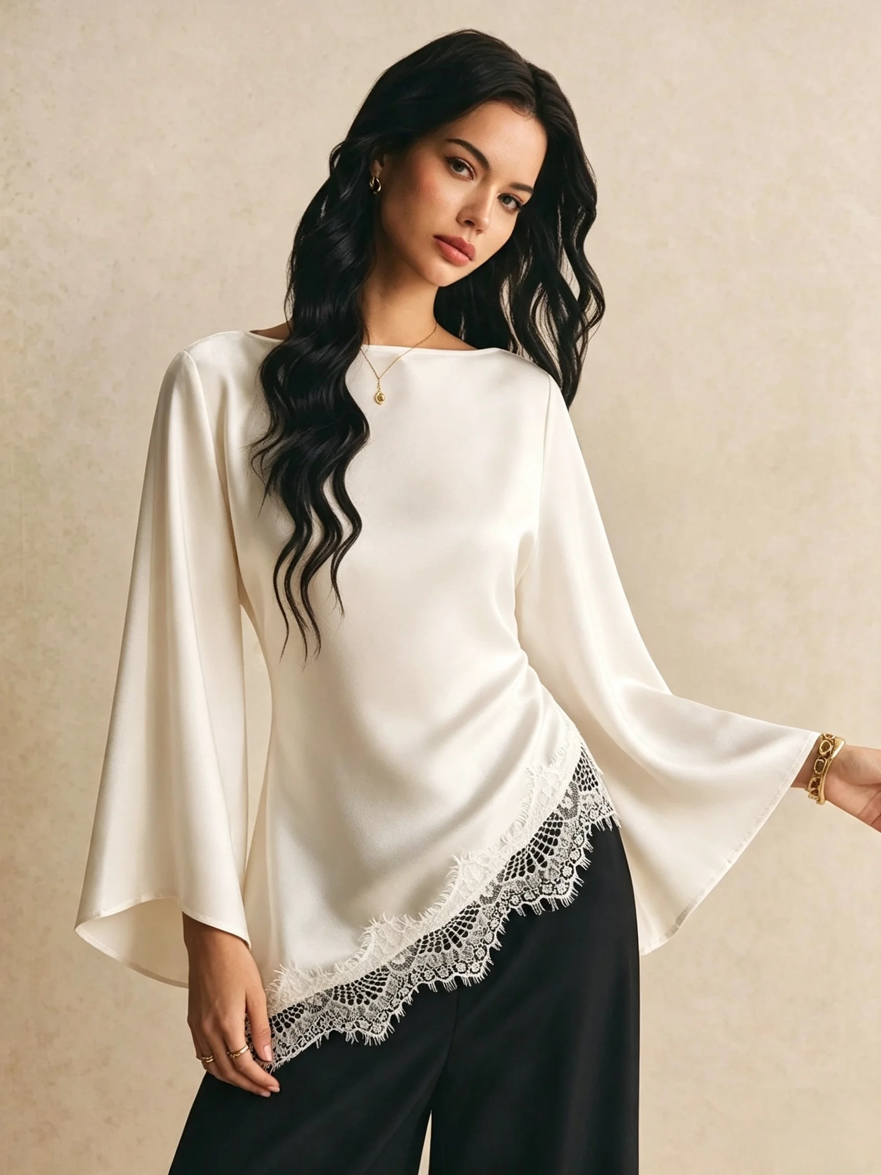Women Satin Off Shoulder Top Big Flare Sleeve Eyelash Lace Patchwork Back Waist Tie Slim Fit Blouse