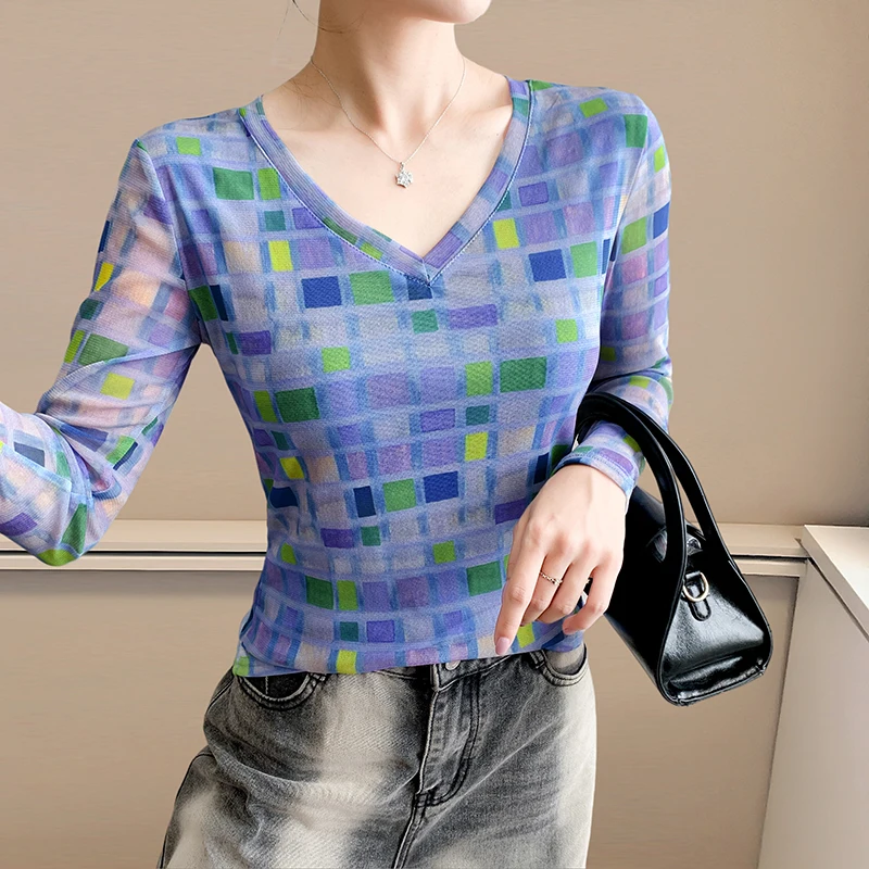 

2025, новинка, европейская, одежда, сетка, футболка, модная, сексуальная, с v-образным вырезом, принт, геометрический, женские, топы, рубашка с длинным рукавом, футболки, 59034