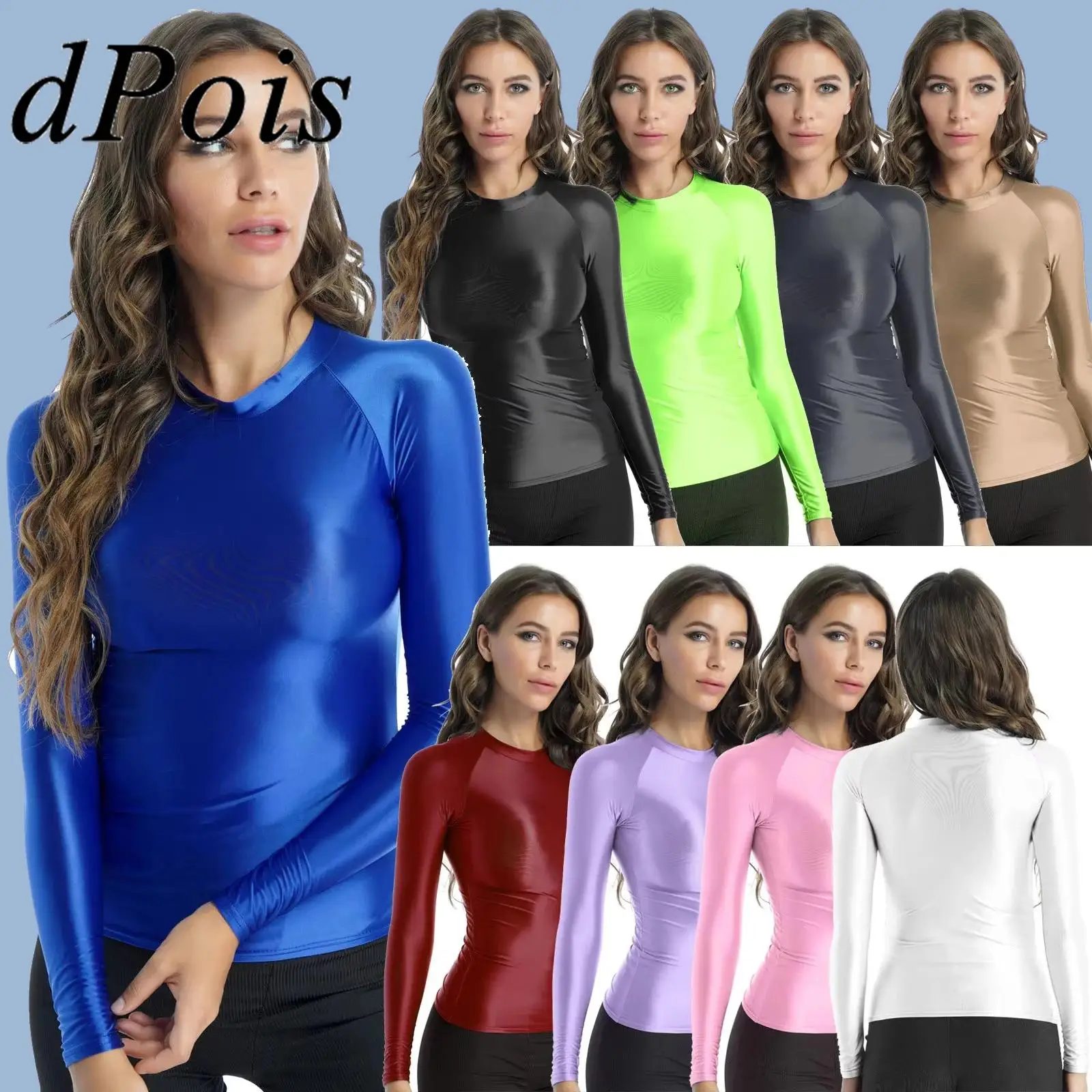 Women's T-shirts Metallic Shiny Long Sleeve Tights Tee Glossy Disco Tops Slim TShirt Sport Tops for Rave Party Dance Clubwear