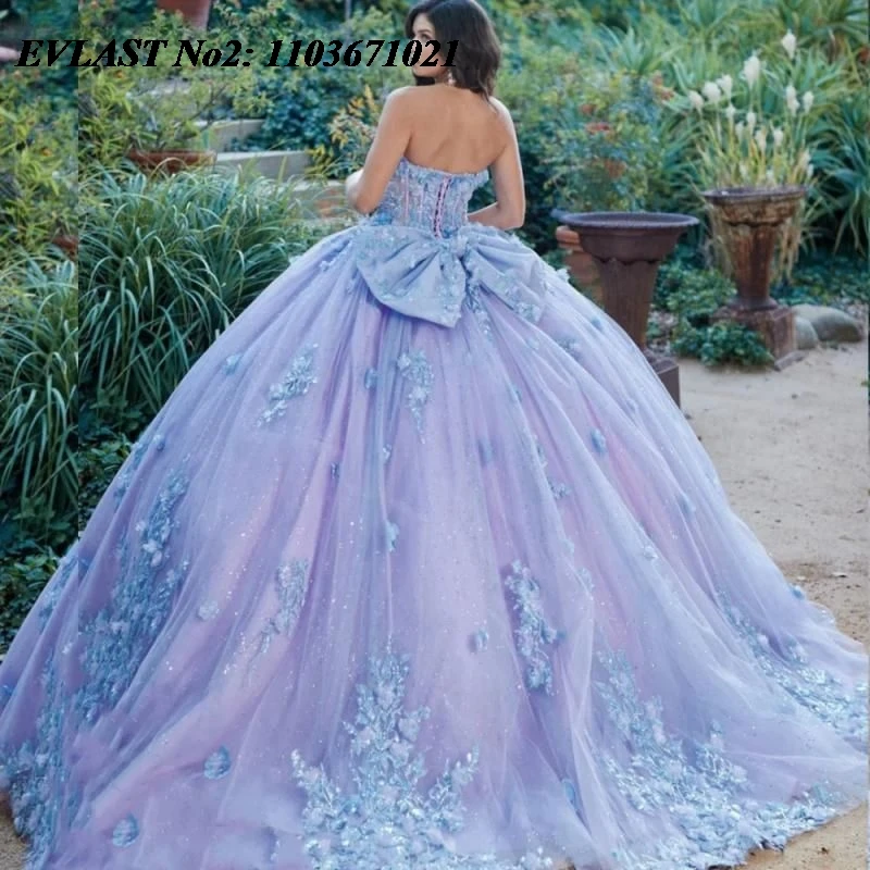 EVLAST Customized Shiny Lilac Quinceanera Dress Ball Gown Glitter Floral Applique Beads Cape Sweet 16 Vestidos De 15 Anos E2QA88