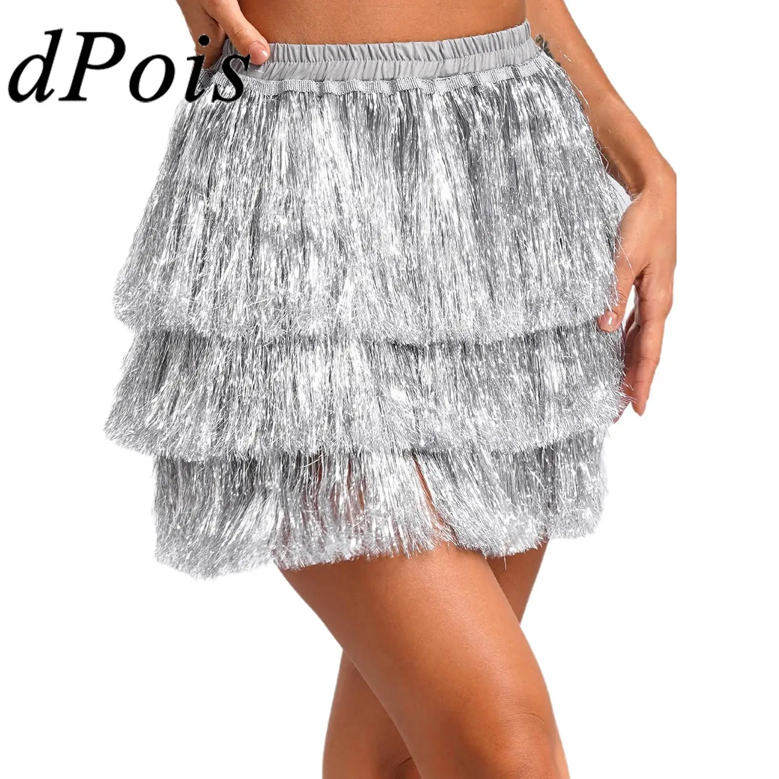 Women Fashion Hot Skirts Glitter Elastic Waistband Fringe Tassels Skirt for Halloween Themed Party Nightclub Latin Dance Costume