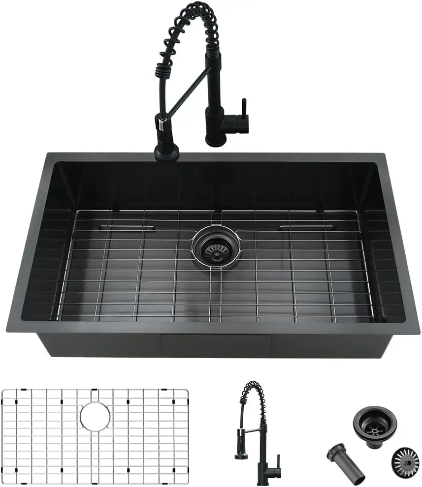 

33 Inch Black Kitchen Sink & Faucet Combo - Undermount Single Bowl Sink with Faucet