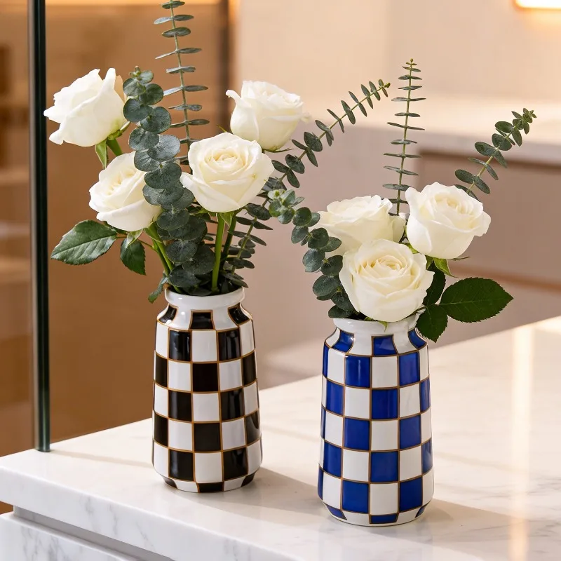 Checkerboard Ceramic Vase Creative Black and White Grid Hydroponic Flower Pot for Living Room and Dining Table Home Decor Gifts