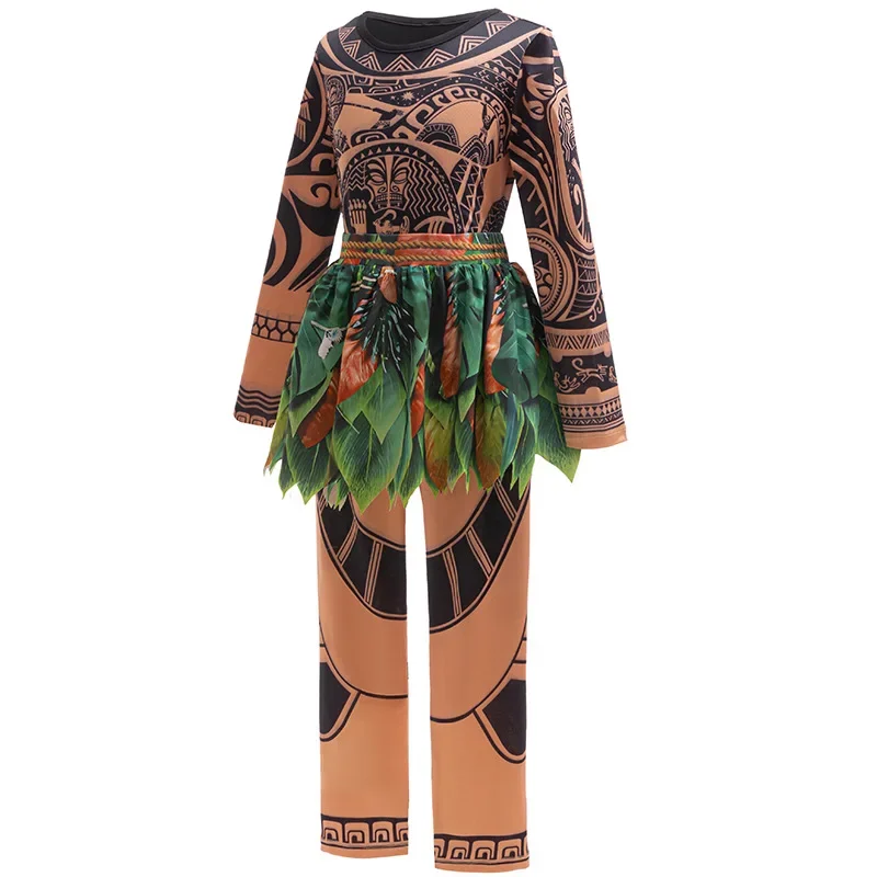 2PCS Sets Boys Maui Cosplay Costume Tattoo Print Set Carnival Birthday Dress Up Children Halloween Party Primitive Man Clothing