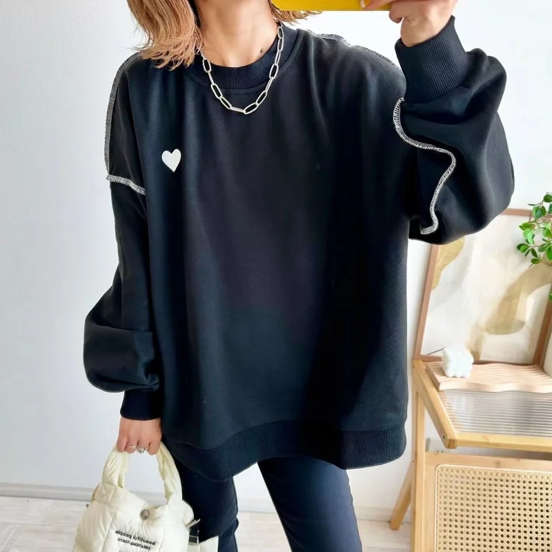 루즈핏 롱 스웨트셔츠 여성용 라운드 넥 하트 자수 어깨 드롭 디자인 한국 스타일 편안한 핏 스트리트웨어