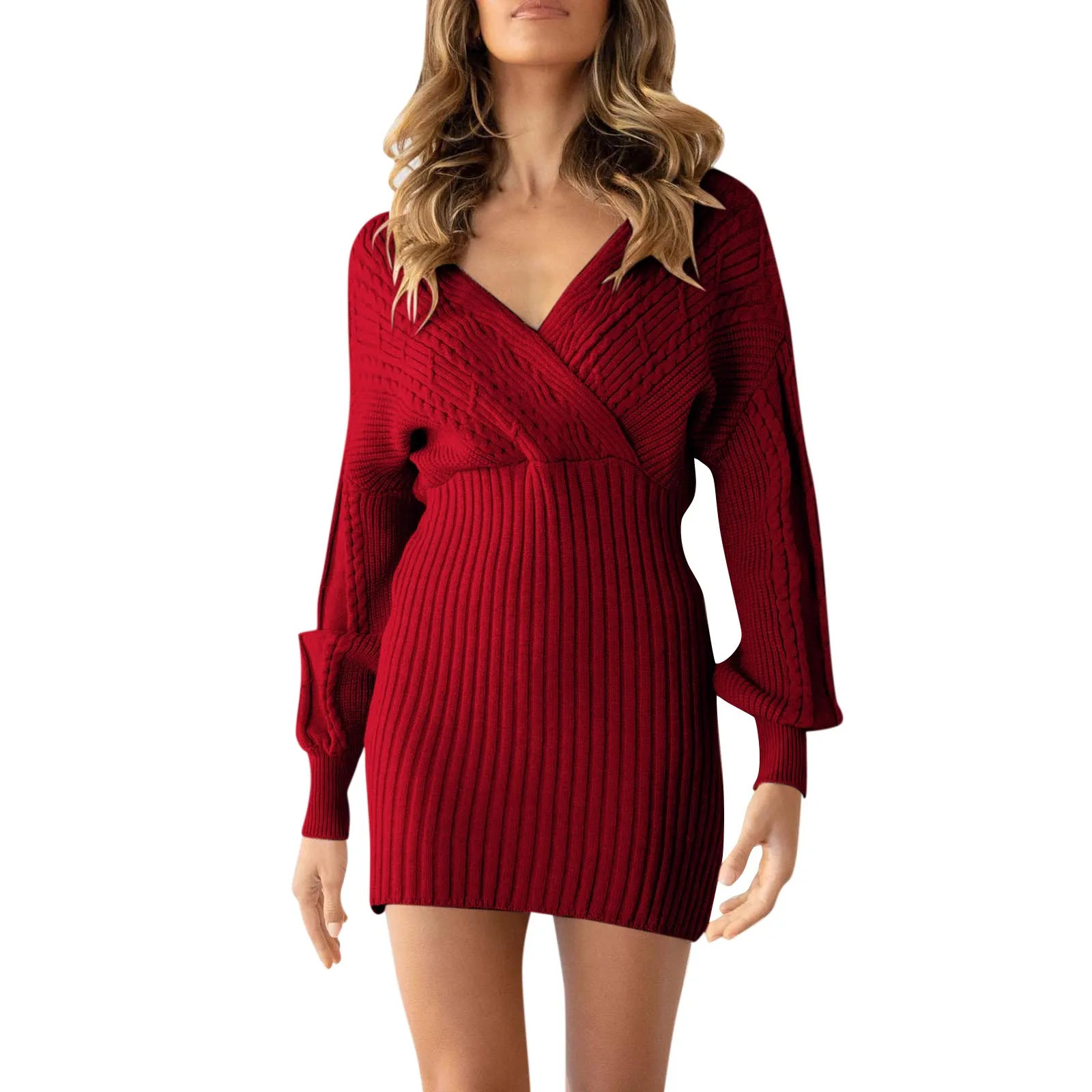 Fashion Elegant Temperament Sweater Mini Dress Knit Sexy Long Sleeve Autumn Women New Streetwear Casual Depp V-neck A-line Dress