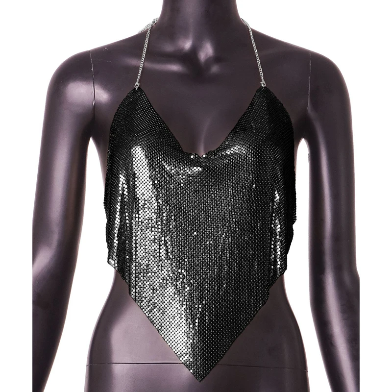 Damen-Tanktops: Goldfarbenes Metall-Mesh-Neckholder-Top mit glitzernden Strassketten, Wasserfallausschnitt, rückenfreies Crop-Top für Party und Clubwear – Luxuriöse Kleidung – Detail 5