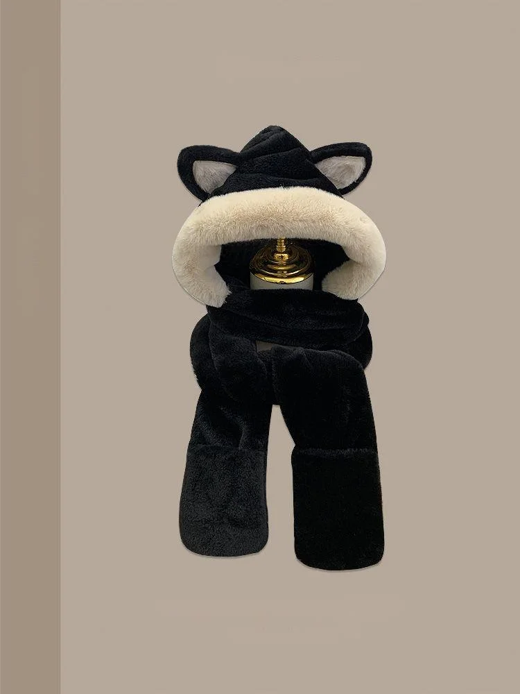 Cute Wolf Little Bear Hat Scarf Plush Velvet Cap Men Women Autumn Winter Warm Plush Gloves Set Cute Hooded Ear Protection