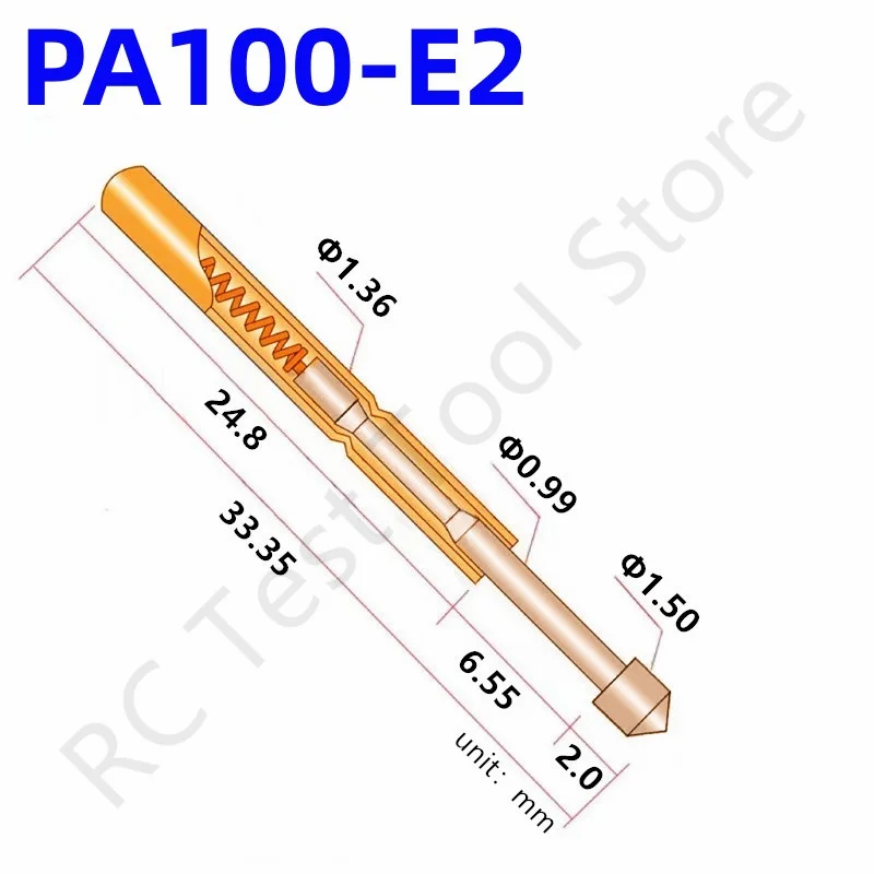 

100PCS PA100-E2 Spring Test Probe PA100-E Test Pin P100-E P100-E2 Test Tool 33.35mm 1.36mm Needle Gold Tip Dia 1.50mm Pogo Pin