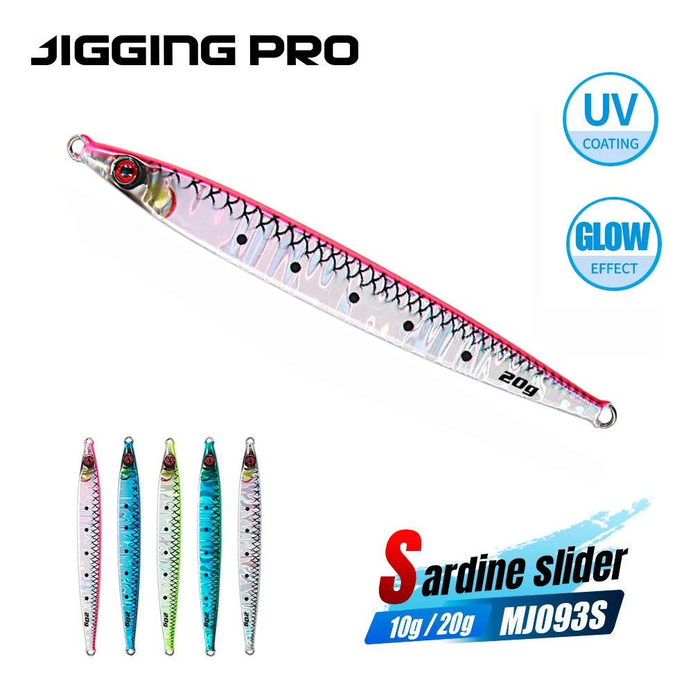 Señuelo de Pesca JIGGING PRO Sardine Slider MJ093S, Micro Jig Metálico de 10g/20g con Recubrimiento UV Luminoso, para Pesca en Agua Salada de Largo Alcance