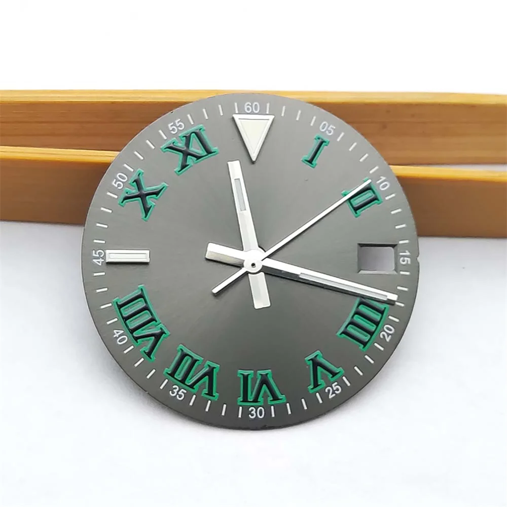 

28.5mm Watch Dial Green Luminous Roman Numerals Dial NH35 Hands, for NH35 NH36 4R36 Movement, Single Calendar Watch Face
