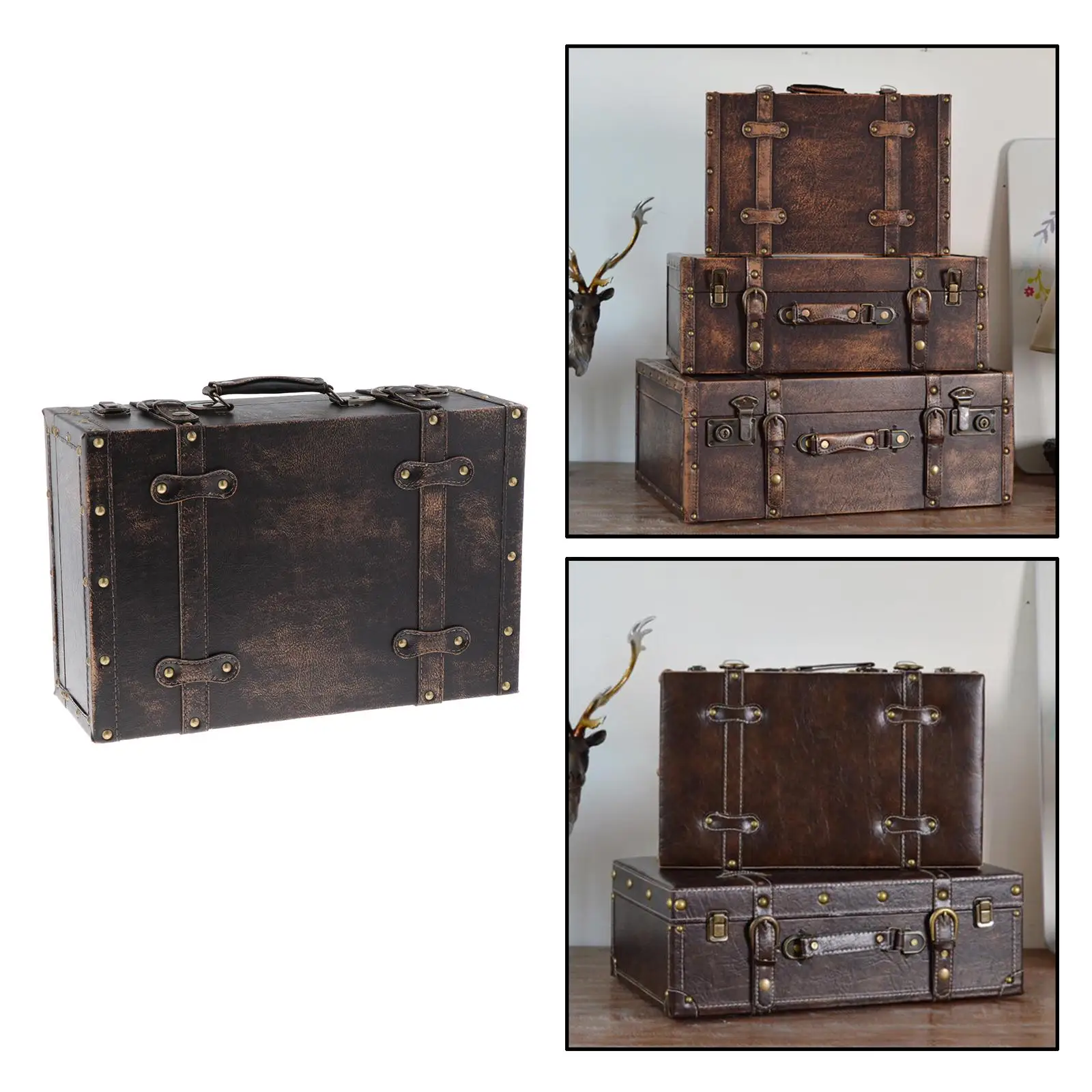 Retro Wood Leatner Suitcase Old Style Decorative Travel Luggage Case Storage Box with Strap Jewelry Box Gift Home Decor