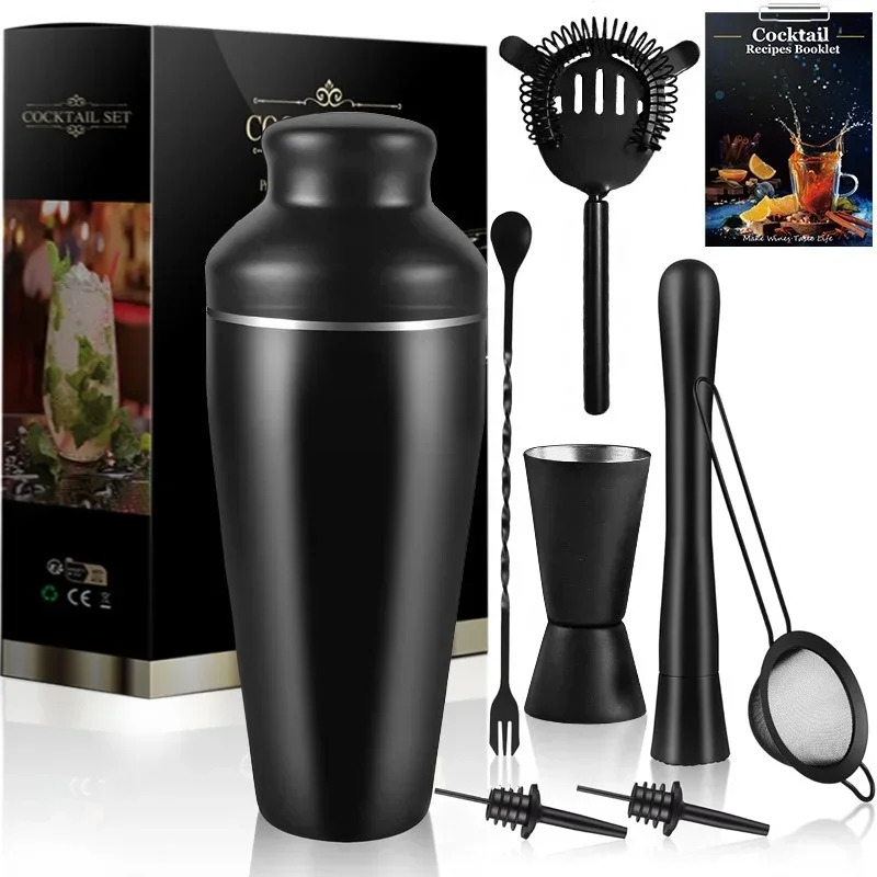 700ml Stainless Steel Cocktail Shaker 8Pcs Bartending Set Cocktail Shaker Matte Black Mixer for Bar Party Bartender Tools