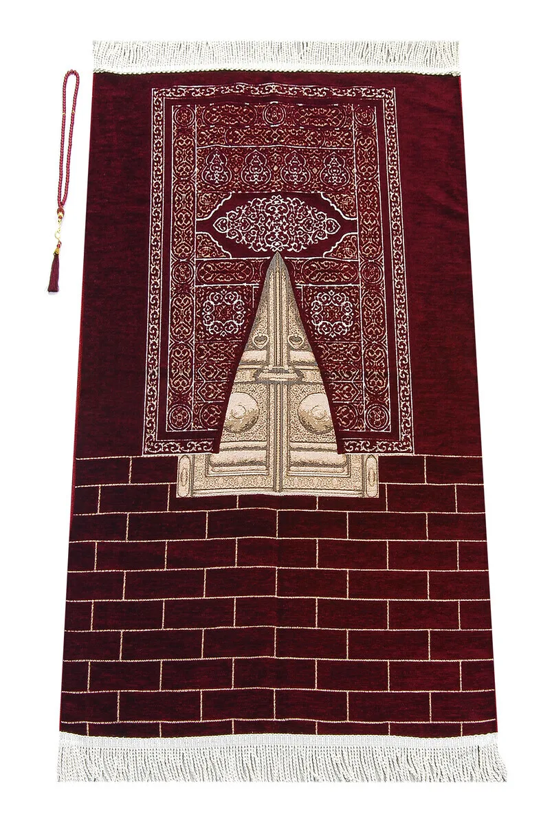 Kaaba Gate Model Patterned Chenille Prayer Mat Bordeaux Muslim Islam Sheet Prayer Mat Holy Quraan Islamic Mats