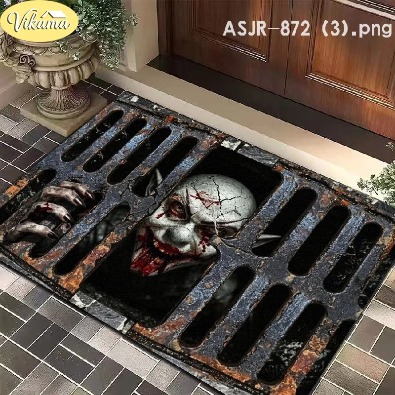 VIKAMA Halloween Door Mat 3D Clown Monster Sewer Manhole Print Non Slip Rug For Entrance Horror Party Decor