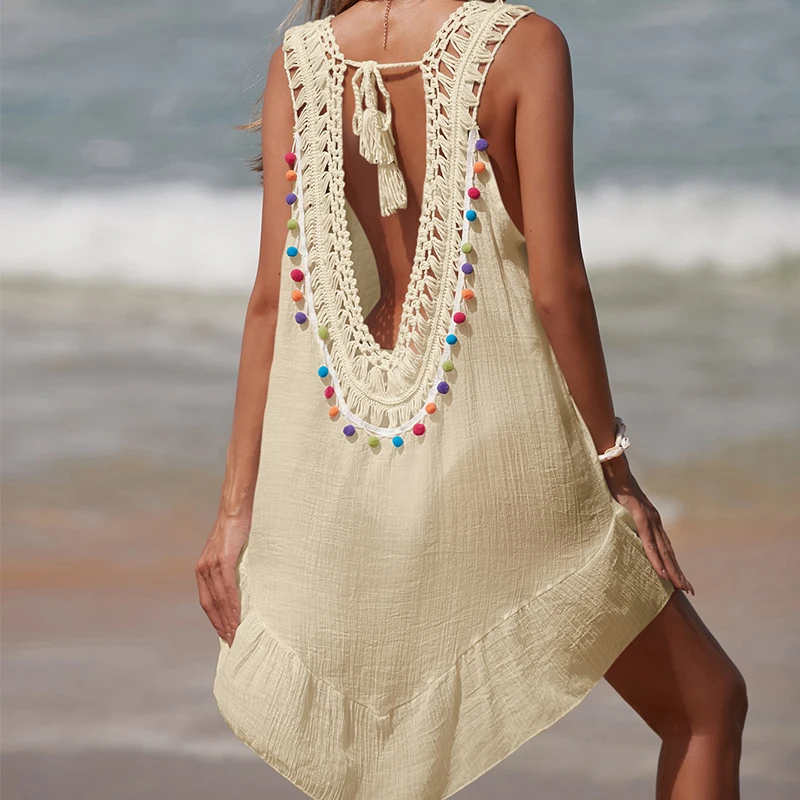 Women V-Neck Backless Hollow Out Short Dress Crochet Splicing Wooden Ear Dress With Colored Balls Beach Swimsuit Cover Up 2024