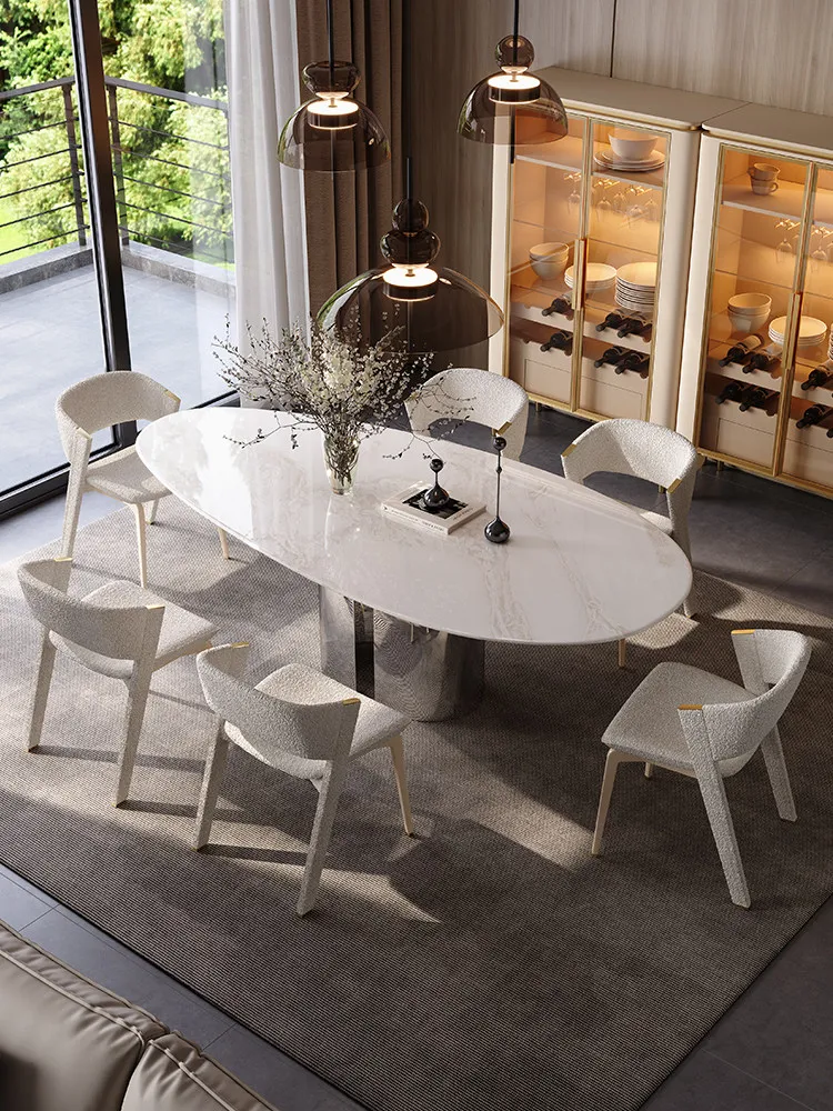 Dining table light luxury high-end marble pure natural luxury stone Fendi white water drop-shaped dining table and chairs villa