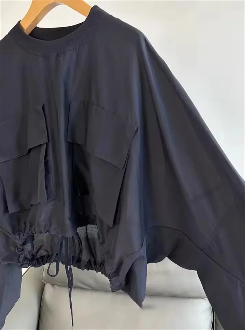 Pop Fashion Round Neck Blue Top Long Sleeves Thin Blouse Women's Casual Loose Aged Shirt Versatile Drawstring Women's Clothes