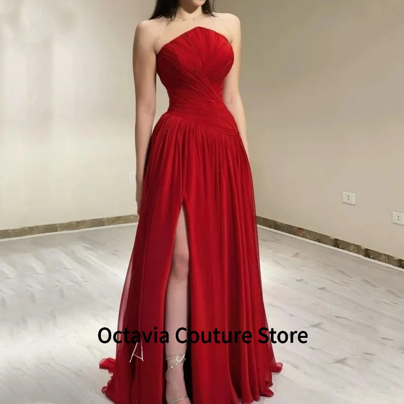 

Красные шифоновые длинные платья для выпускного вечера без бретелек плиссированные вечерние платья с разрезом по бокам специальное вечернее платье для банкетного клуба по индивидуальному заказу