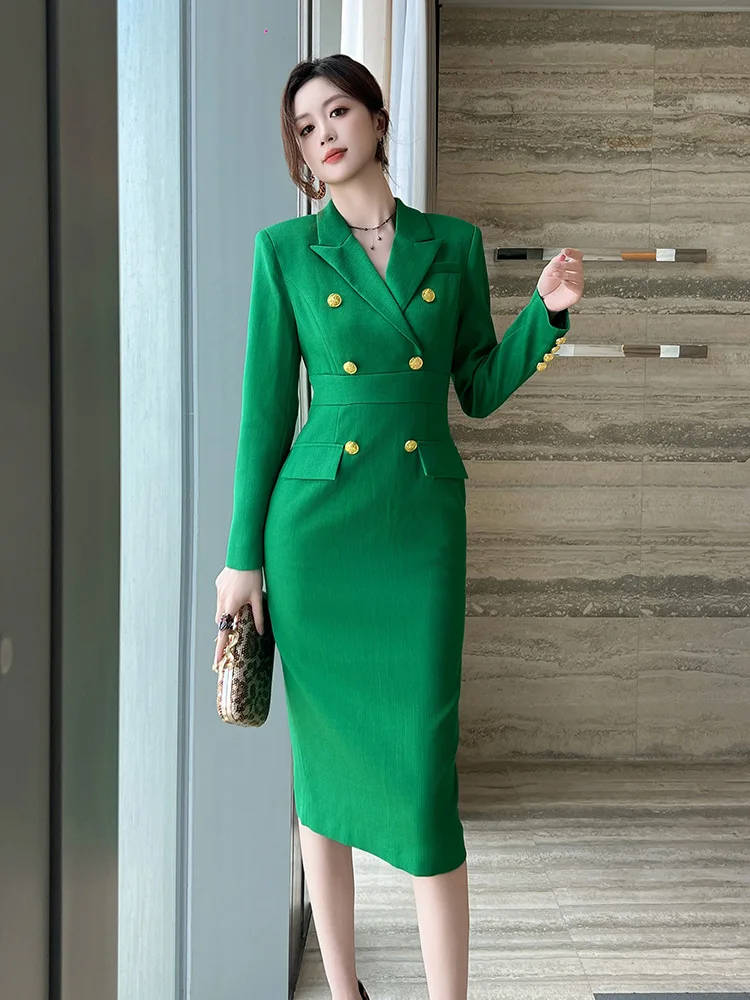 New Autumn and Winter Clothing for Women, Royal Sister Style Suit Collar, Double-Breasted Slim Hip-Hugging Dress