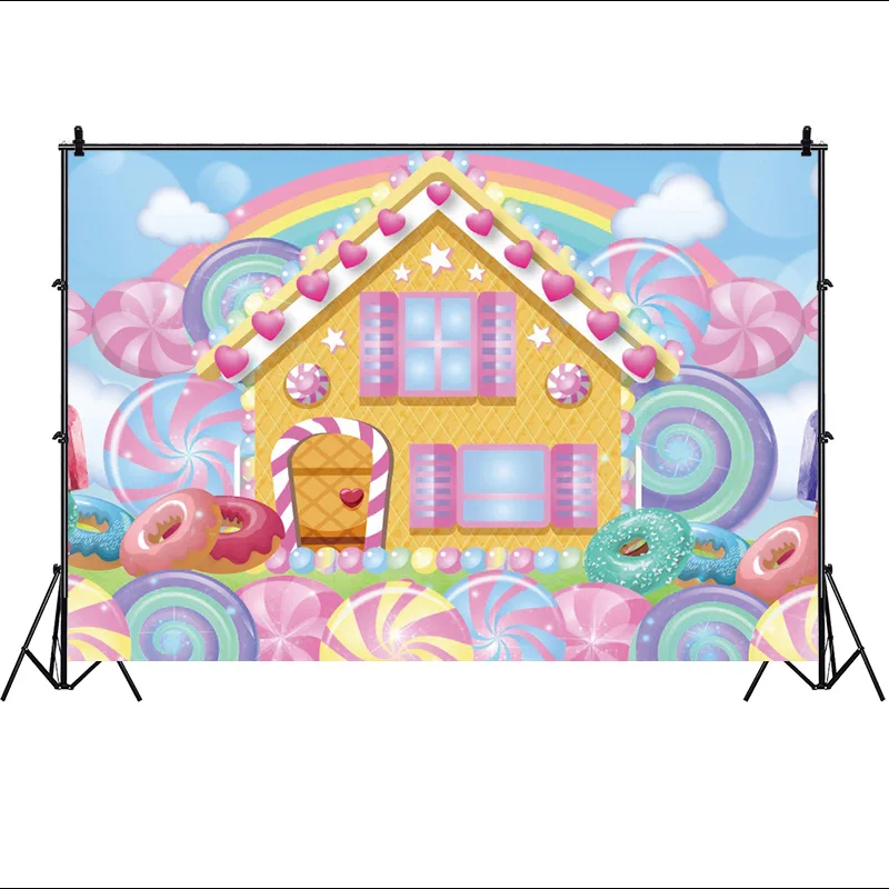 Sugar House Backdrop Baby Shower Girls Birthday Party Ice Cream Sweet Shop Candy Bar Cart Photography Background Cake Table Deco