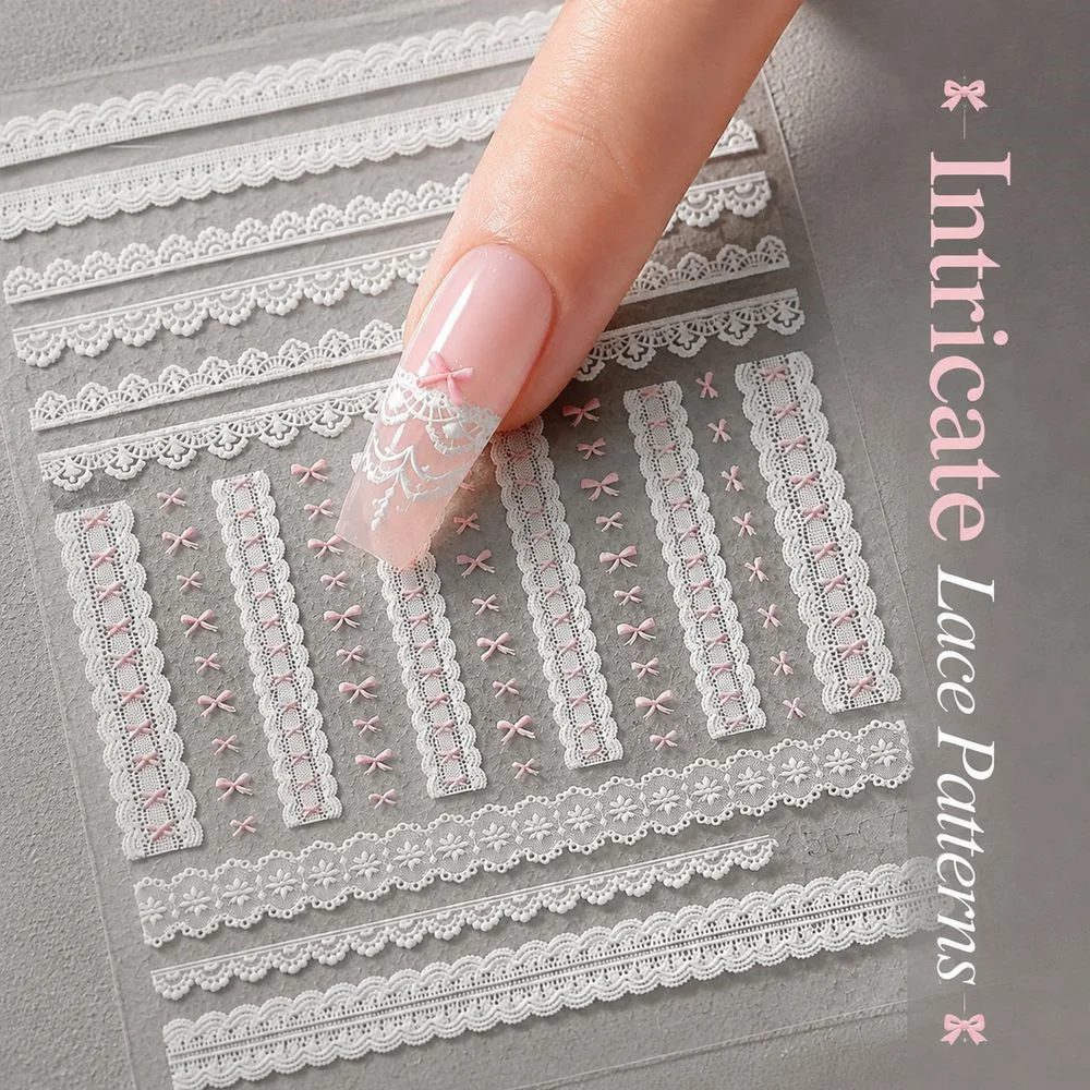 1 Stück Romantische Schleifen-Spitzen-Nagelaufkleber 5D Geprägte Weiße Spitzenstreifen-Aufkleber Rosa Schleifenmotiv Für Den Täglichen Gebrauch Elegante Nagelverzierungen – Detail 2