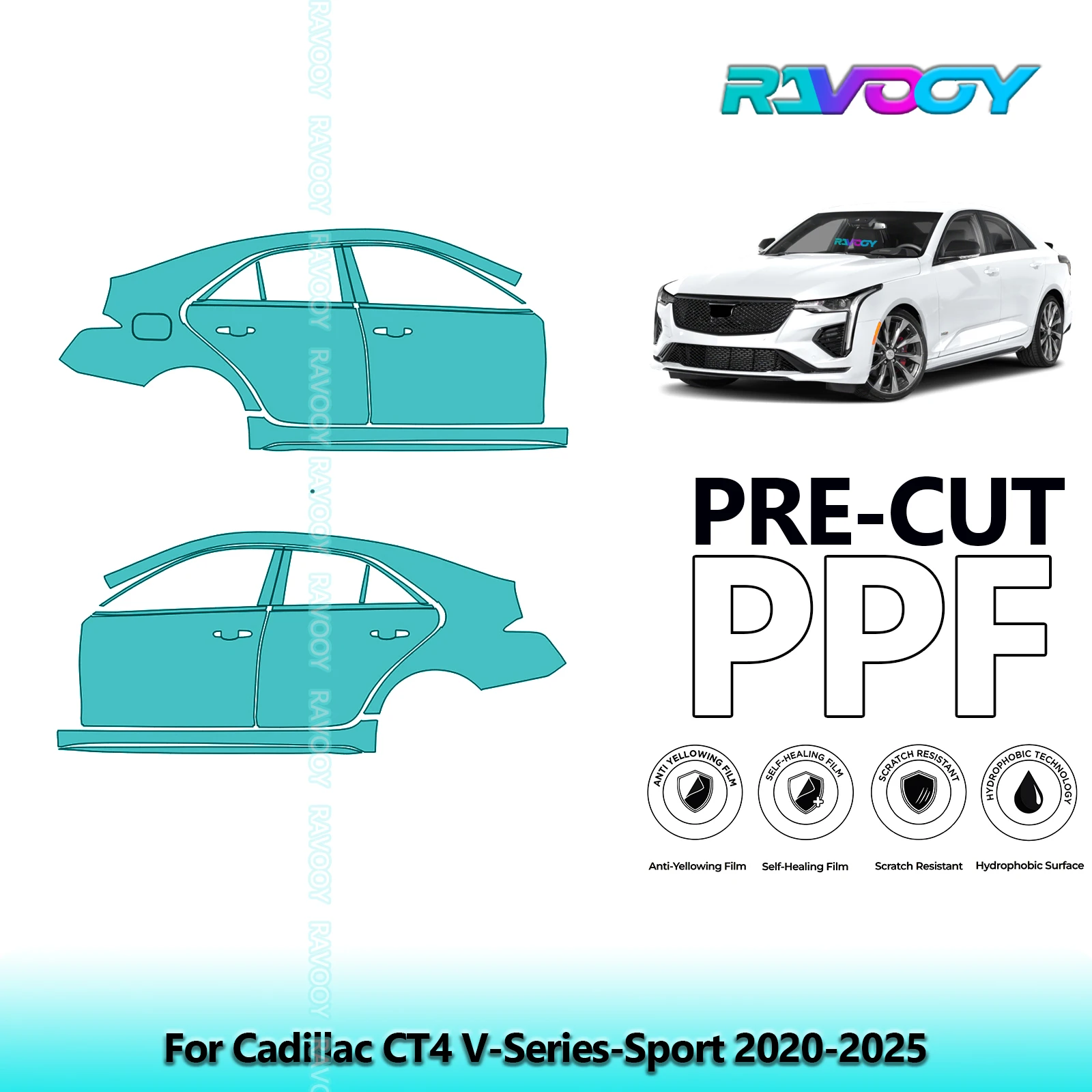 

For Cadillac CT4 V-Series-Sport 2020-2025 8.5mil Clear Matte Pre-Cut PPF Door & A/B Pillar Kit TPU Paint Protection Film Set