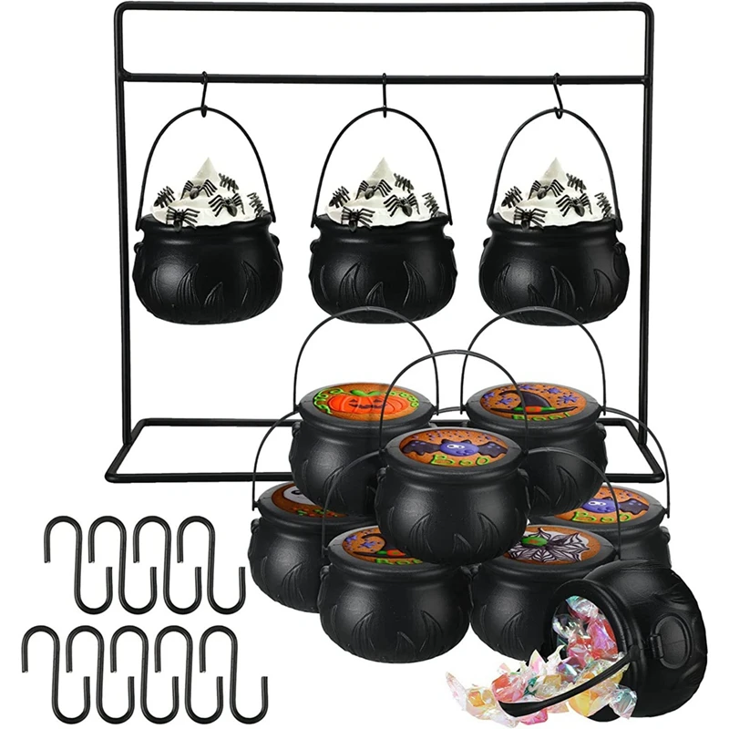 Halloween Cauldron Decor,9Pcs Cauldron Pot, Witches Cauldron Serving Bowls On Rack, Halloween Candy Bowl Candy Holder