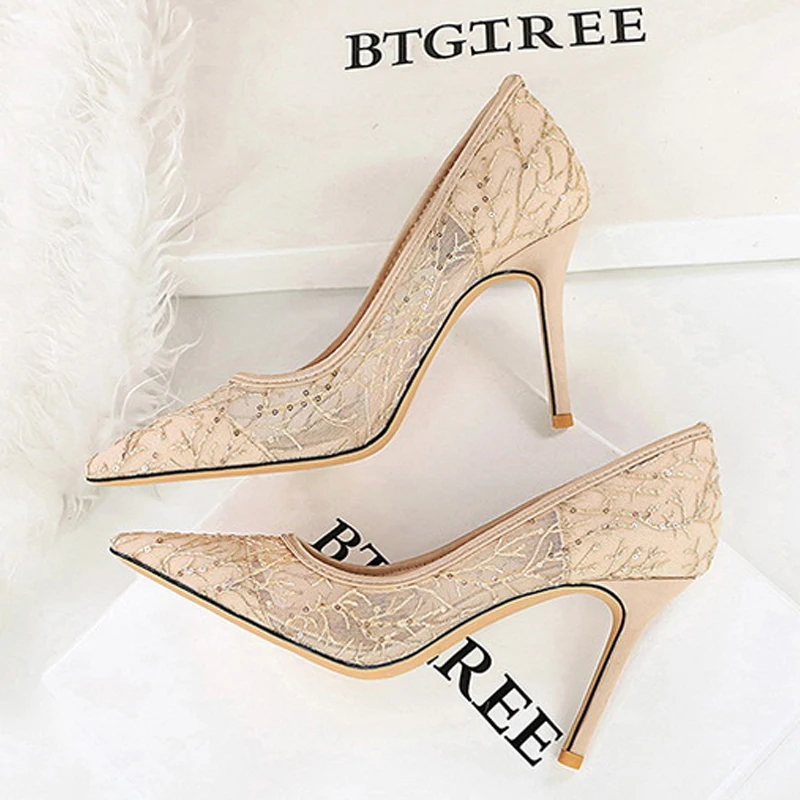 BIGTREE 2027 New Spring Sexy Pumps Women's Thin High Mesh Hollowed Out Satin Lace Nightclub Pole Dancing Wedding Shoes