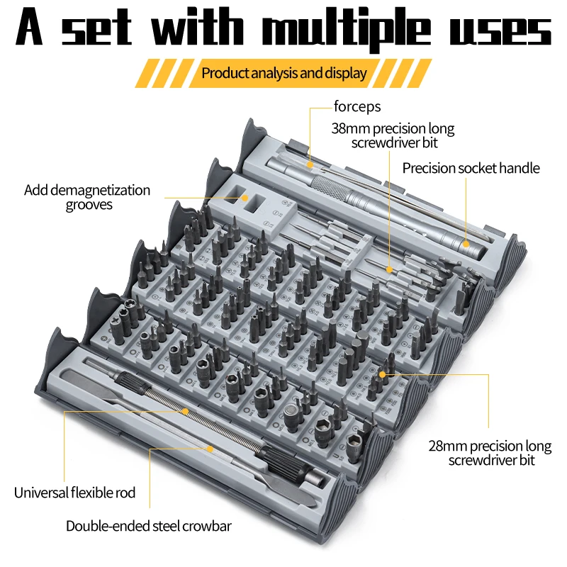 128 in 1 Screwdriver Set, Ultra-High Quality, Alloy Steel Precision Screwdriver Set, Clever Cylindrical Design, Practical and Affordable, Convenient Reel Storage, Complete with Metal Handle and Pry Bar