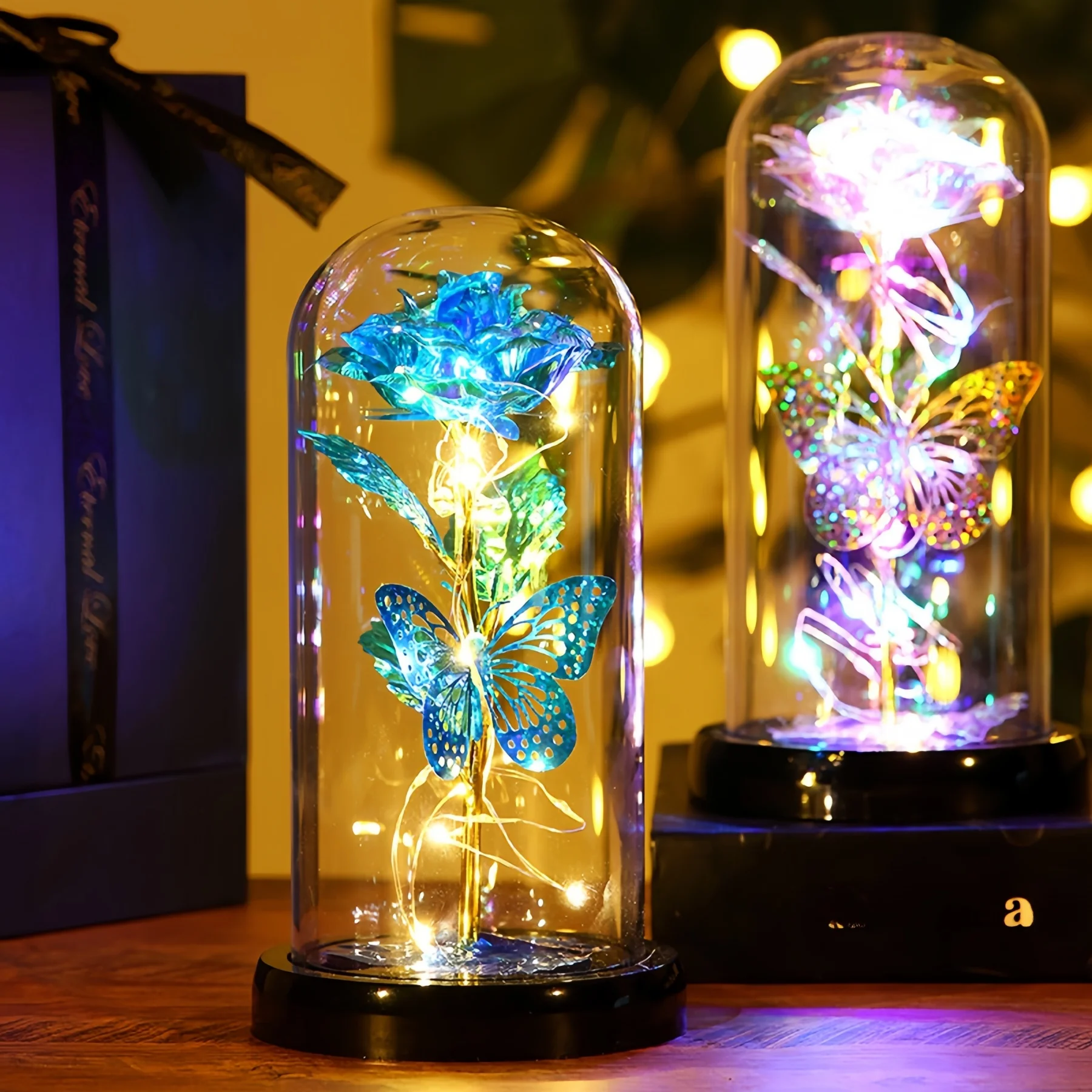 

Romantic Gold Foil Eternal Rose Flower Decorative Ornament LED Lighted Birthday Gift Creative Gift Box Glass Cover Simulation...