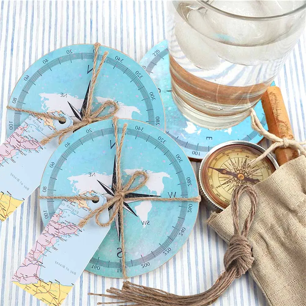 OurWarm 10Pcs Wedding Compass Cork Coasters Souvenirs For Guests Compass Gift Travel Theme Favor World Map With Tag Party Decor