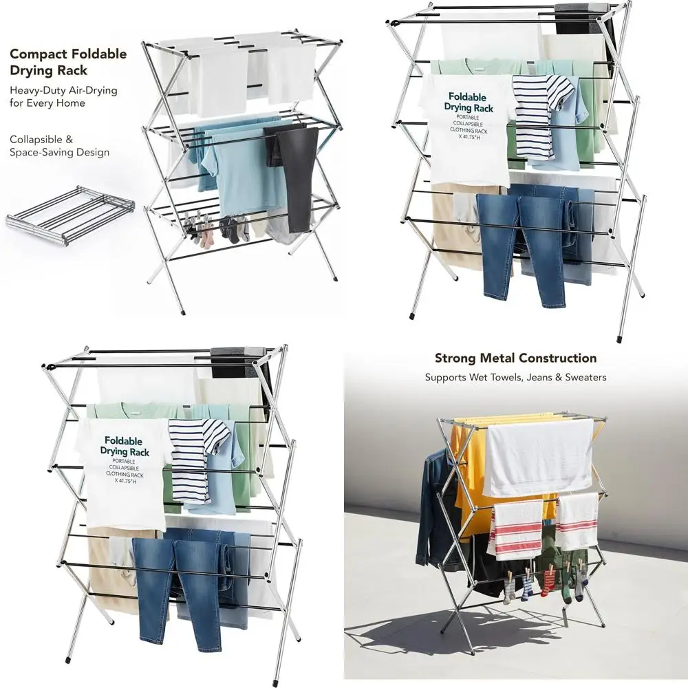 

Складная портативная сушилка для одежды, нижнего белья, полотенец и постельного белья — хромированная металлическая отделка, незаменимый помощник для организации домашней стирки.