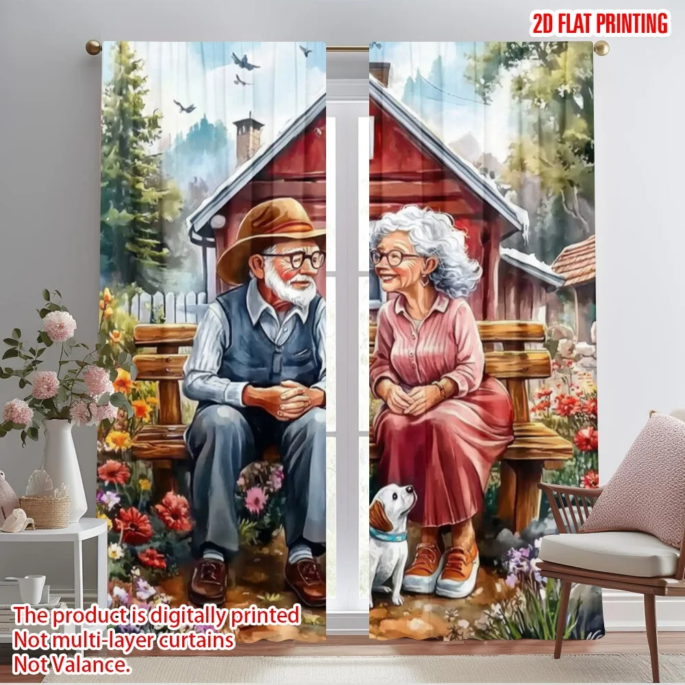 2pcs,2D plane printing Light Filtering Curtains Countryside Serenity Polyester Easy Install (without rod) Home Decor Ldeal for