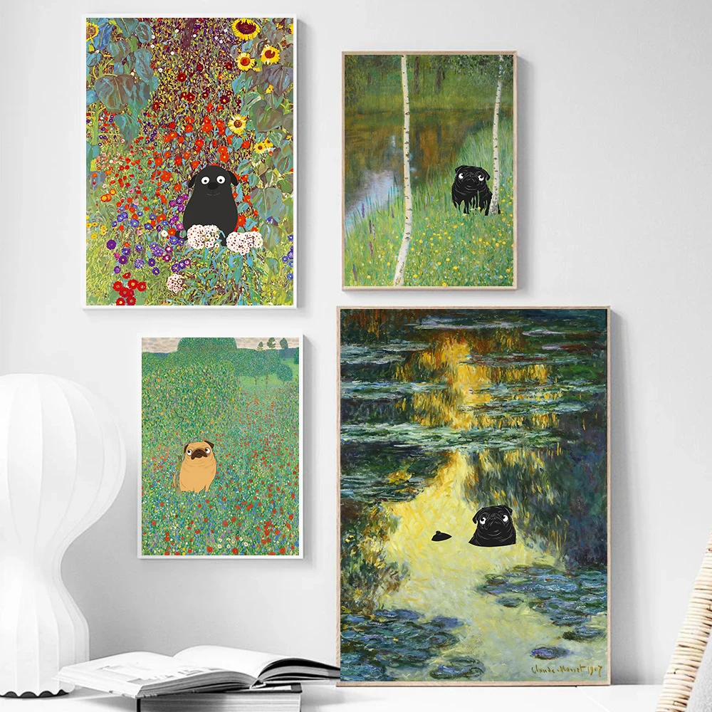 Funny Dog Klimt Poppies Pug Flowers Posters Birch Forest Modern Prints Canvas Painting Wall Art Pictures Home Living Room Decor