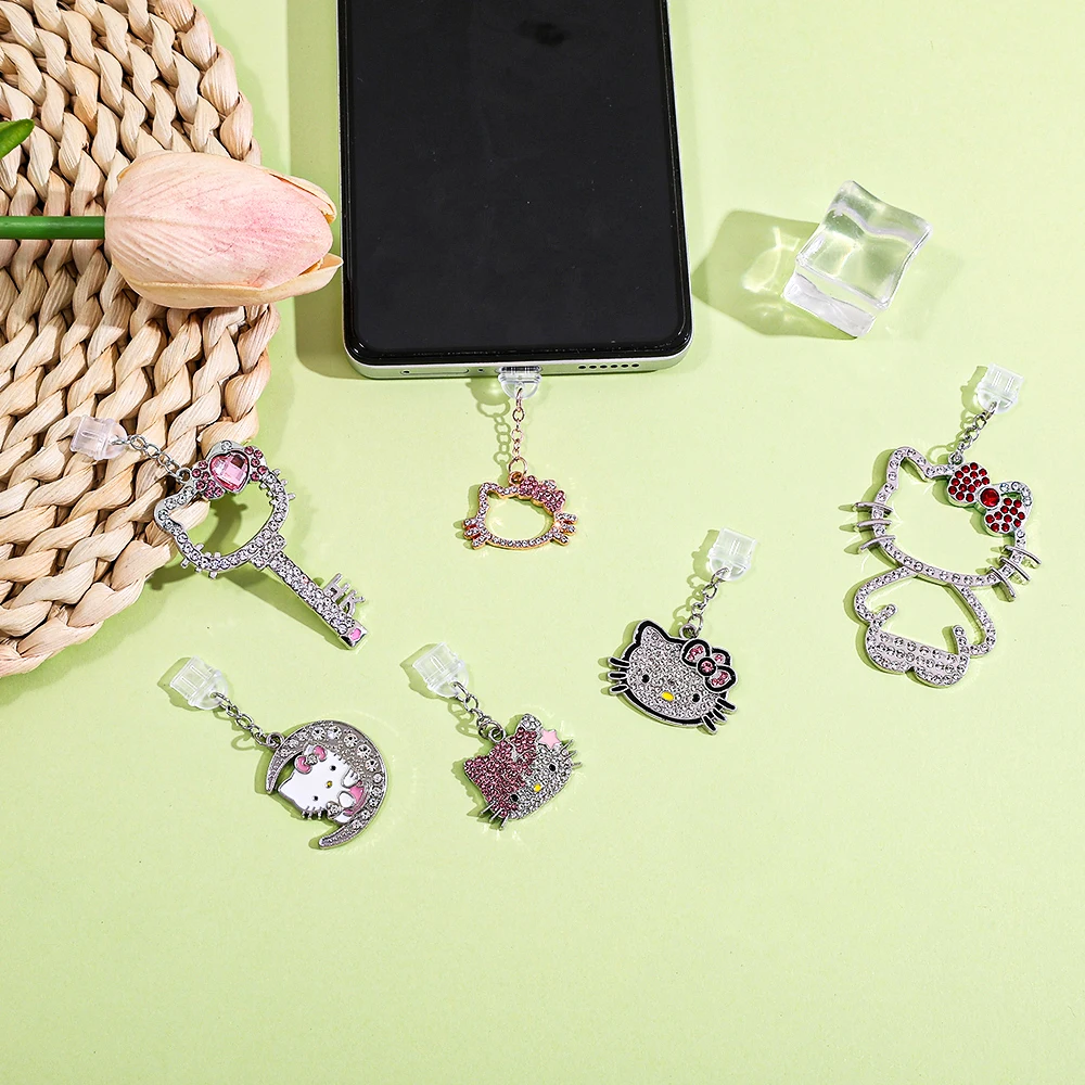 الكرتون مرحبا كيتي حجر الراين الهاتف الغبار التوصيل بلينغ كريستال سماعة جاك سحر مكافحة الغبار التوصيل للفتيات النساء ملحقات الهاتف