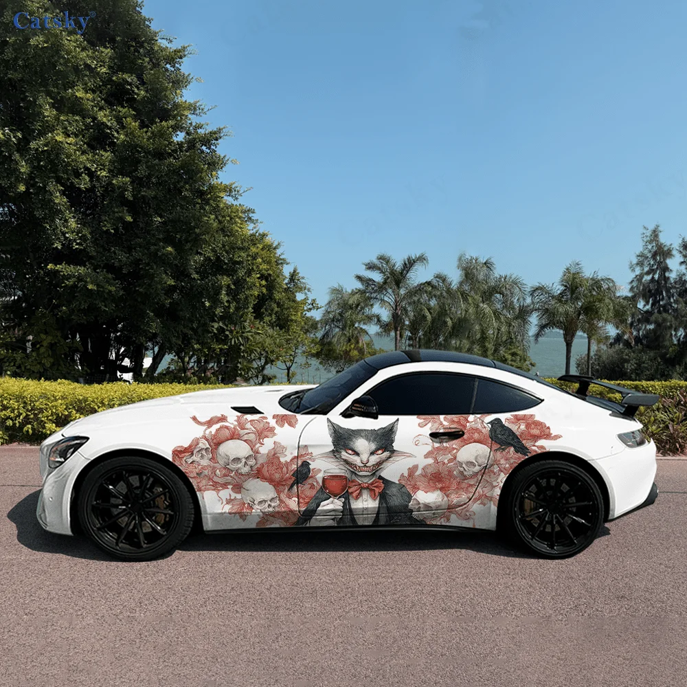 

Tailcoat Cat Red Wine Skull Car Vinyl Wraps Decal Self-adhesive PVC Sticker Suitable for Trucks SUV Decor Auto Accessories Gift