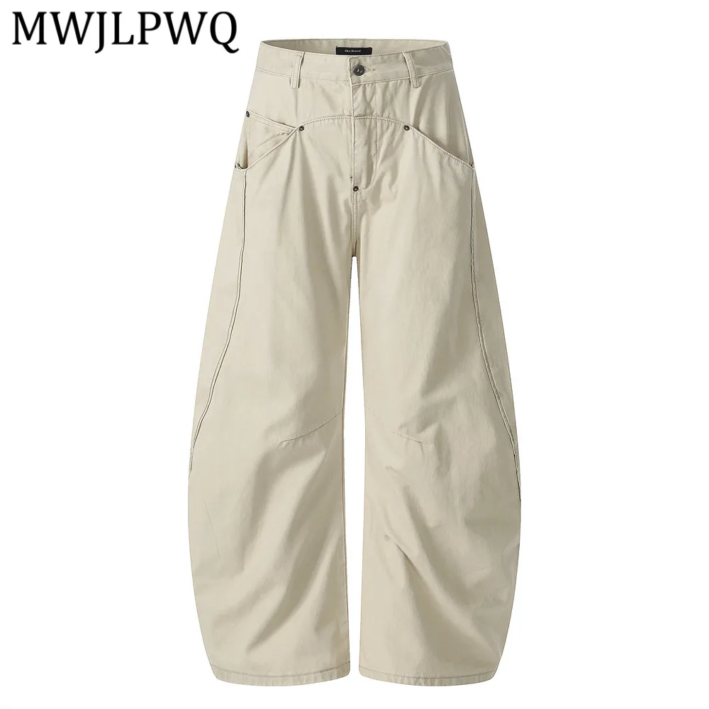 

MWJLPWQ American Street Men's Curved Pants Vibe Trendy Patchwork Deconstructed Design Pockets Solid Color Loose Trousers 14242