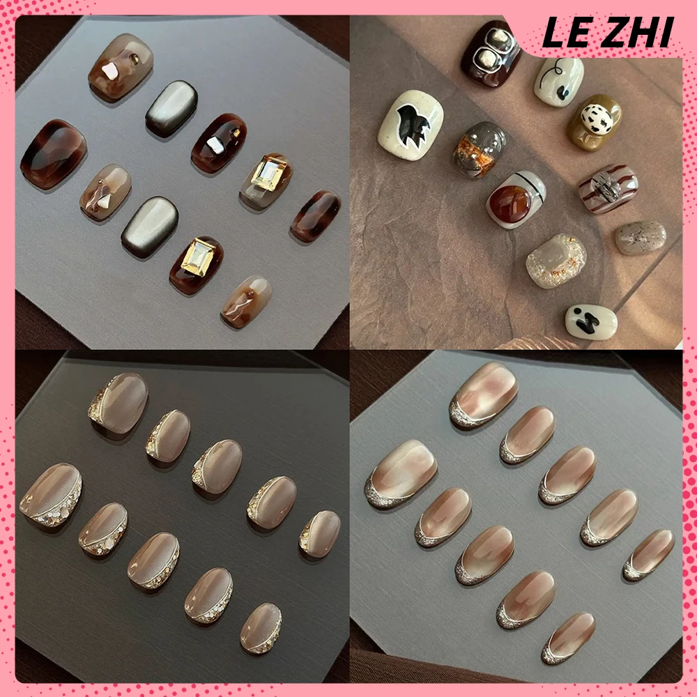 

Vintage Cat Eyes Sequins Handmade Short Square Detachable Press On Nails Leopard Print Flower Pearl Diamond Butterfly Fake Nails